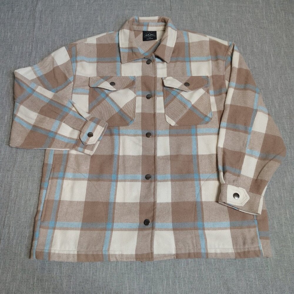HFX Shirt Jacket Shacket Women's‎ Medium Beige Plaid Flannel Long Sleeve Warm